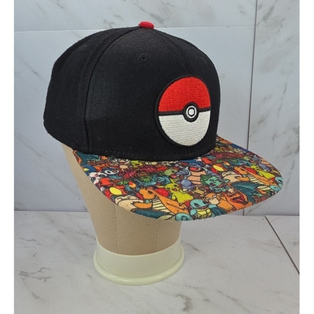 Pokemon‎ Snapback Hat Black Multi Character Print Pokeball Patch Cap